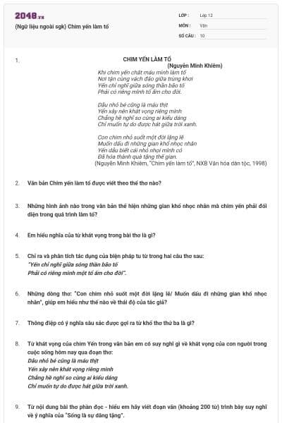 (Ngữ liệu ngoài sgk) Chim yến làm tổ