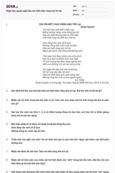 (Ngữ liệu ngoài sgk) Dẫu em biết chắc rằng anh trở lại