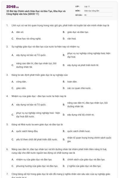 35 Bài tâp Chính sách Giáo Dục và Đào Tạo, Kha Học và Công Nghệ văn hóa (GDCD 11)
