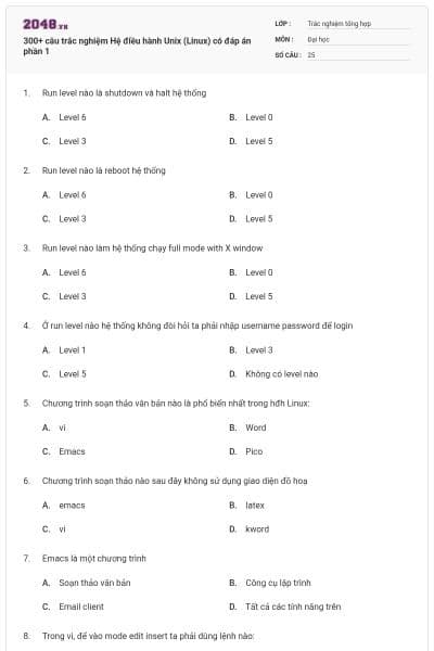 300+ câu trắc nghiệm Hệ điều hành Unix (Linux) có đáp án phần 1