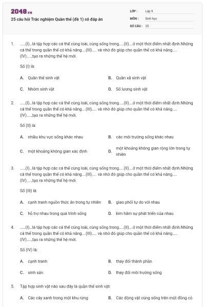 25 câu hỏi Trắc nghiệm Quần thể (đề 1) có đáp án