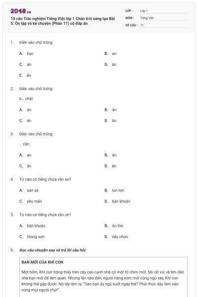 10 câu Trắc nghiệm Tiếng Việt lớp 1 Chân trời sáng tạo Bài 5: Ôn tập và kể chuyện (Phần 11) có đáp án
