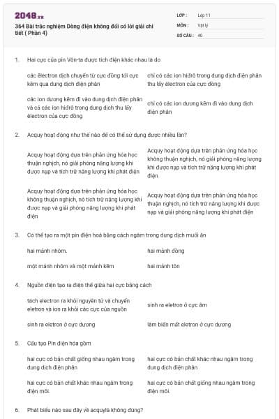 364 Bài trắc nghiệm Dòng điện không đổi có lời giải chi tiết ( Phần 4)