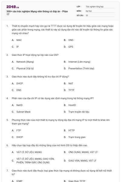 300+ câu trắc nghiệm Mạng viễn thông có đáp án - Phần 17