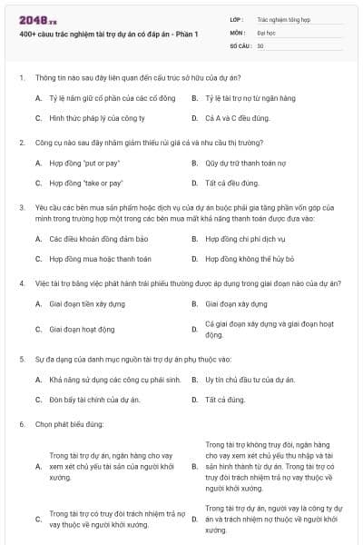 400+ câuu trắc nghiệm tài trợ dự án có đáp án - Phần 1