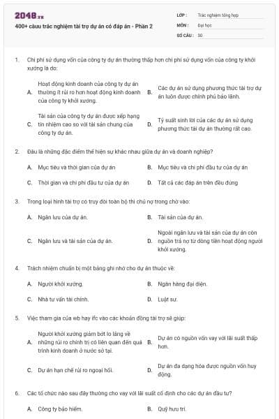 400+ câuu trắc nghiệm tài trợ dự án có đáp án - Phần 2