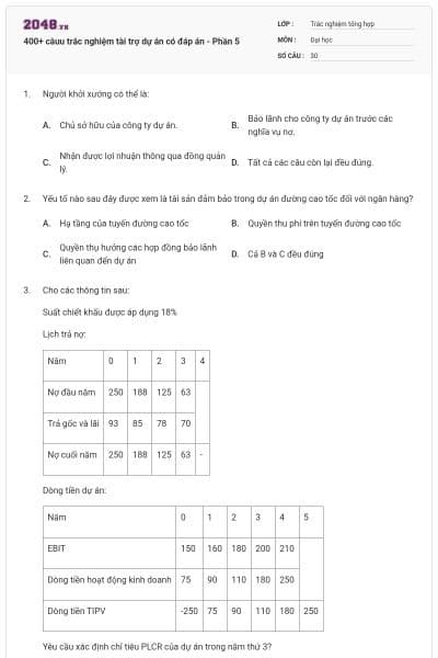 400+ câuu trắc nghiệm tài trợ dự án có đáp án - Phần 5