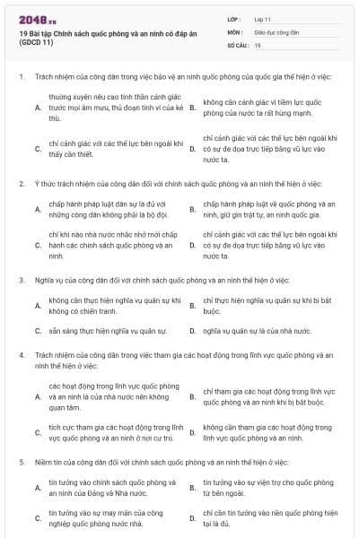 19 Bài tập Chính sách quốc phòng và an ninh có đáp án (GDCD 11)