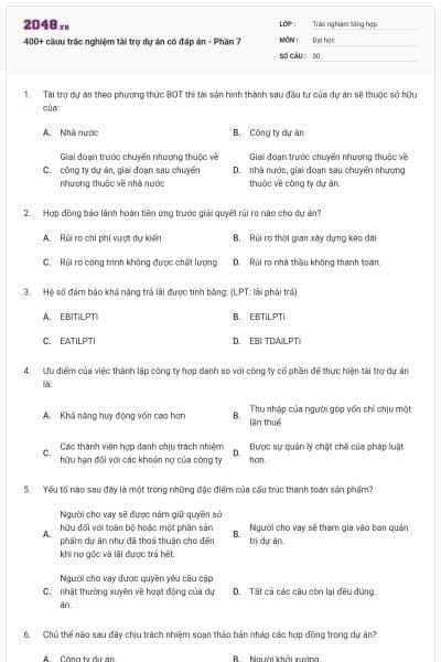 400+ câuu trắc nghiệm tài trợ dự án có đáp án - Phần 7