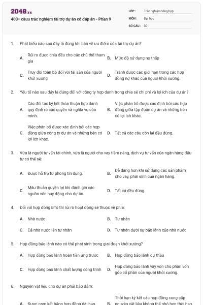 400+ câuu trắc nghiệm tài trợ dự án có đáp án - Phần 9