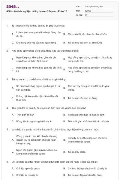 400+ câuu trắc nghiệm tài trợ dự án có đáp án - Phần 10