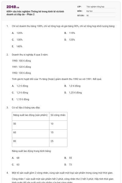 600+ câu trắc nghiệm Thống kê trong kinh tế và kinh doanh có đáp án - Phần 2