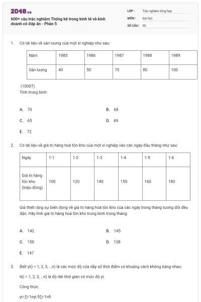 600+ câu trắc nghiệm Thống kê trong kinh tế và kinh doanh có đáp án - Phần 5