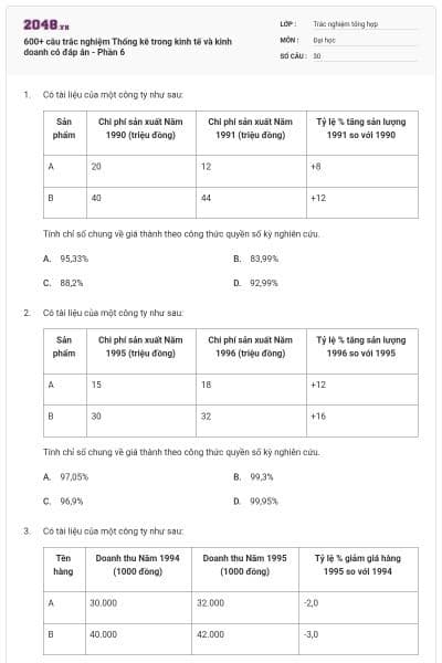 600+ câu trắc nghiệm Thống kê trong kinh tế và kinh doanh có đáp án - Phần 6