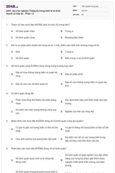 600+ câu trắc nghiệm Thống kê trong kinh tế và kinh doanh có đáp án - Phần 12