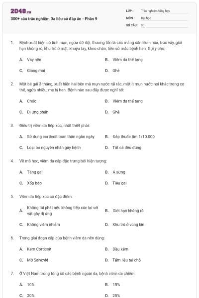 300+ câu trắc nghiệm Da liễu có đáp án - Phần 9