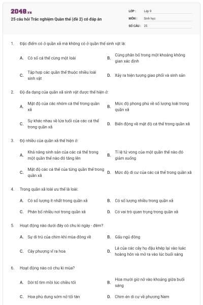 25 câu hỏi Trắc nghiệm Quần thể (đề 2) có đáp án