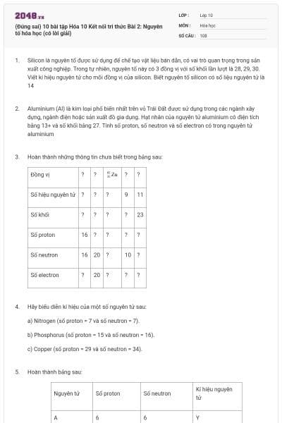 (Đúng sai) 10 bài tập Hóa 10 Kết nối tri thức Bài 2: Nguyên tố hóa học (có lời giải)