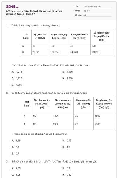 600+ câu trắc nghiệm Thống kê trong kinh tế và kinh doanh có đáp án - Phần 17