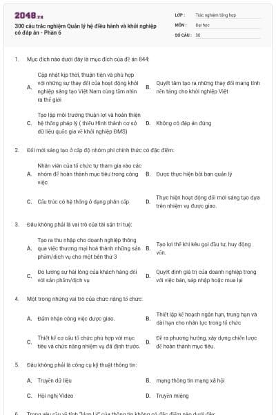 300 câu trắc nghiệm Quản lý hệ điều hành và khởi nghiệp có đáp án - Phần 6