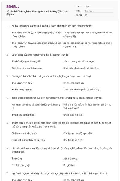 35 câu hỏi Trắc nghiệm Con người - Môi trường (đề 1) có đáp án