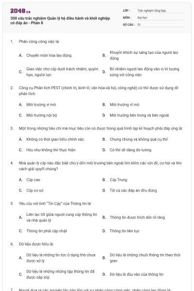 300 câu trắc nghiệm Quản lý hệ điều hành và khởi nghiệp có đáp án - Phần 8