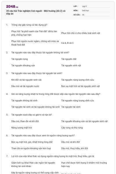 35 câu hỏi Trắc nghiệm Con người - Môi trường (đề 2) có đáp án