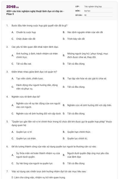 400+ câu trắc nghiệm nghệ thuật lãnh đạo có đáp án - Phần 9