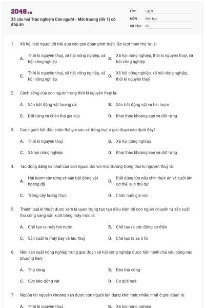35 câu hỏi Trắc nghiệm Con người - Môi trường (đề 1) có đáp án