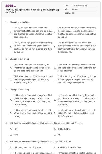 300+ câu trắc nghiệm Kinh tế và quản lý môi trường có đáp án - Phần 6
