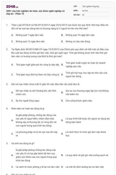 400+ câu trắc nghiệm An toàn, sức khỏe nghề nghiệp có đáp án - Phần 10