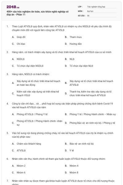 400+ câu trắc nghiệm An toàn, sức khỏe nghề nghiệp có đáp án - Phần 11