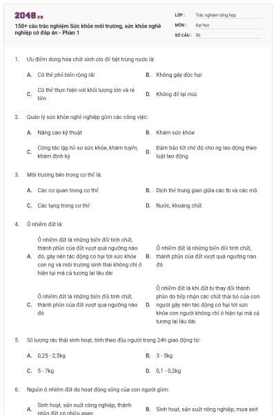 150+ câu trắc nghiệm Sức khỏe môi trường, sức khỏe nghề nghiệp có đáp án - Phần 1