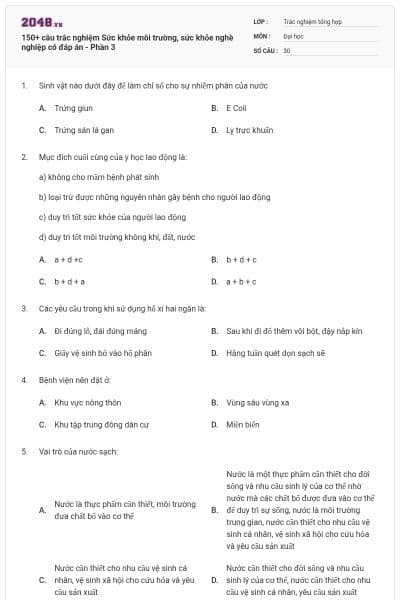 150+ câu trắc nghiệm Sức khỏe môi trường, sức khỏe nghề nghiệp có đáp án - Phần 3