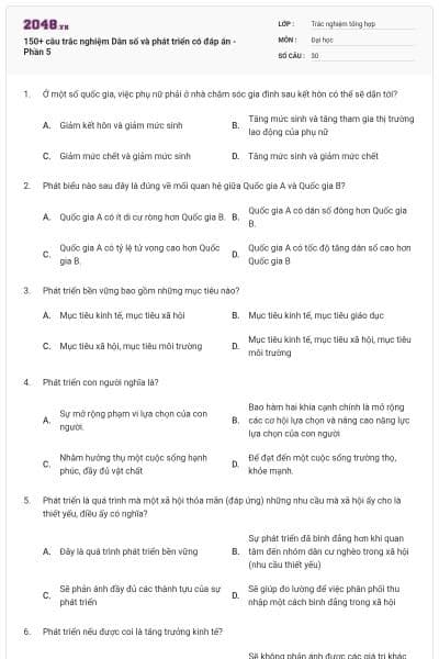 150+ câu trắc nghiệm Dân số và phát triển có đáp án - Phần 5