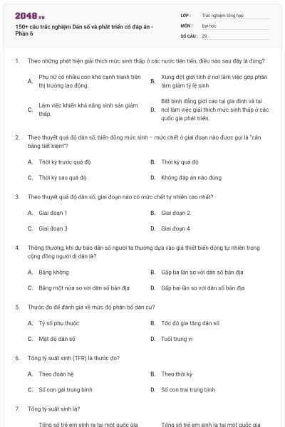 150+ câu trắc nghiệm Dân số và phát triển có đáp án - Phần 6