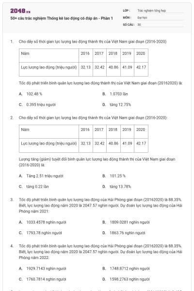 50+ câu trắc nghiệm Thống kê lao động có đáp án - Phần 1