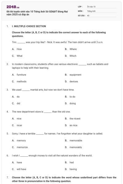 Đề thi tuyển sinh vào 10 Tiếng Anh Sở GD&ĐT Đồng Nai năm 2025 có đáp án