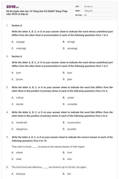 Đề thi tuyển sinh vào 10 Tiếng Anh Sở GD&ĐT Đồng Tháp năm 2025 có đáp án
