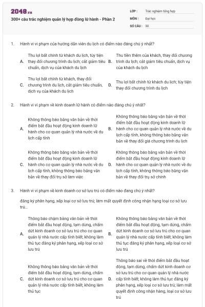 300+ câu trắc nghiệm quản lý hợp đồng lữ hành - Phần 2