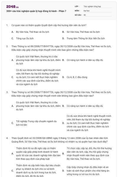 300+ câu trắc nghiệm quản lý hợp đồng lữ hành - Phần 7