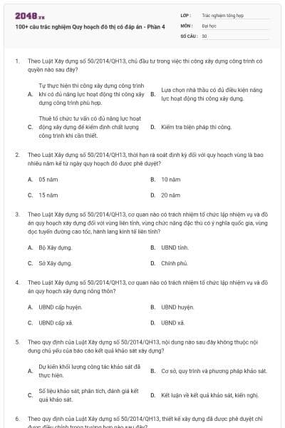 100+ câu trắc nghiệm Quy hoạch đô thị có đáp án - Phần 4