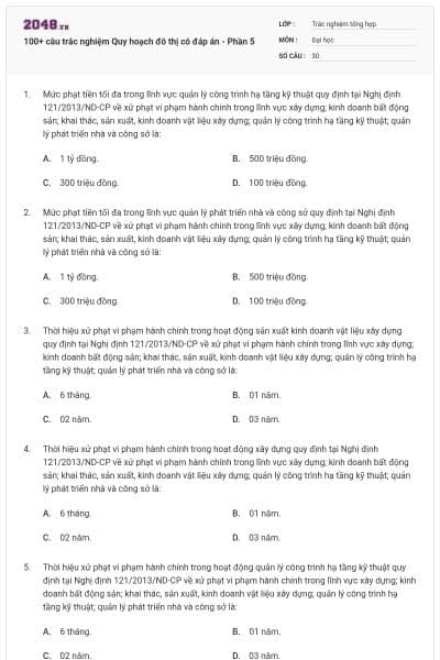 100+ câu trắc nghiệm Quy hoạch đô thị có đáp án - Phần 5