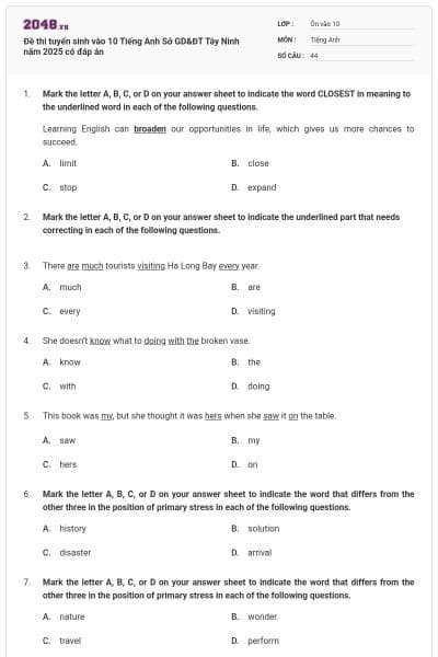 Đề thi tuyển sinh vào 10 Tiếng Anh Sở GD&ĐT Tây Ninh năm 2025 có đáp án