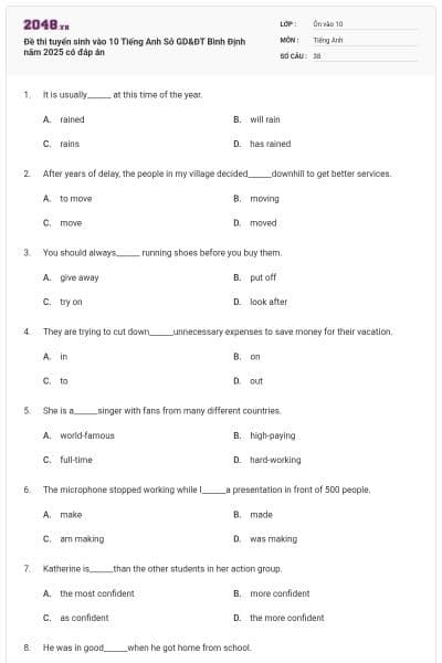 Đề thi tuyển sinh vào 10 Tiếng Anh Sở GD&ĐT Bình Định năm 2025 có đáp án