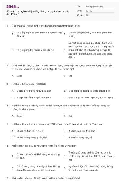 80+ câu trắc nghiệm Hệ thống hỗ trợ ra quyết định có đáp án - Phần 2