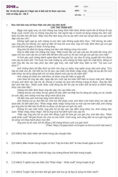 Bộ 10 đề thi giữa kì 2 Ngữ văn 6 Kết nối tri thức cấu trúc mới có đáp án - Đề 3