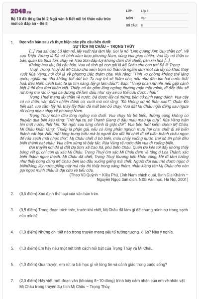 Bộ 10 đề thi giữa kì 2 Ngữ văn 6 Kết nối tri thức cấu trúc mới có đáp án - Đề 8