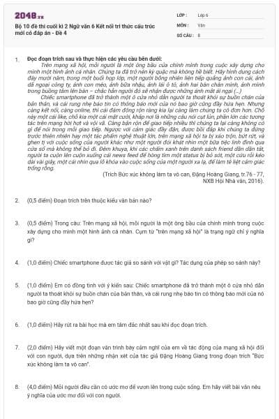 Bộ 10 đề thi cuối kì 2 Ngữ văn 6 Kết nối tri thức cấu trúc mới có đáp án - Đề 4