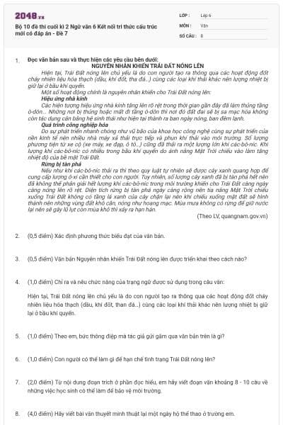 Bộ 10 đề thi cuối kì 2 Ngữ văn 6 Kết nối tri thức cấu trúc mới có đáp án - Đề 7